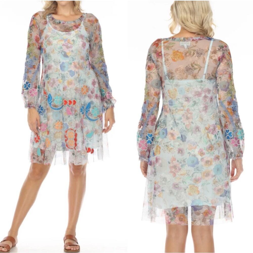 Johnny Was NWT Sz S Mesh Shift Dress Balloon Slv Embroidered Floral Ruched Neck